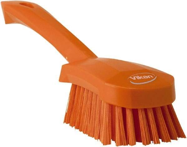 Vikan - 1.3" Bristle Length, Polyester Scrub Brush - 4-1/4" Long x 2-3/4" Wide Head, 10" OAL, Orange, Polypropylene Block - Exact Industrial Supply