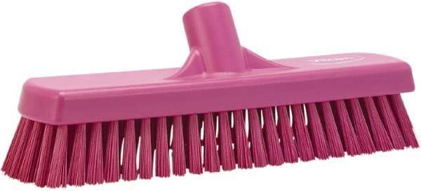 Vikan - 1.7" Bristle Length, Polyester Scrub Brush - 11-1/4" Long x 3" Wide Head, 12" OAL, European Threaded Handle, Pink, Polypropylene Block - Exact Industrial Supply