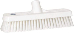 Vikan - 1.7" Bristle Length, Polyester Scrub Brush - 11-1/4" Long x 3" Wide Head, 12" OAL, European Threaded Handle, White, Polypropylene Block - Exact Industrial Supply