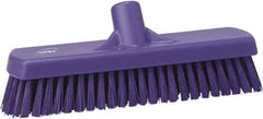 Vikan - 1.7" Bristle Length, Polyester Scrub Brush - 11-1/4" Long x 3" Wide Head, 12" OAL, European Threaded Handle, Purple, Polypropylene Block - Exact Industrial Supply