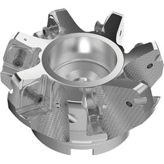 Seco - 100mm Cut Diam, 32mm Arbor Hole, 11mm Max Depth of Cut, 71° Indexable Chamfer & Angle Face Mill - 7 Inserts, 63 Insert, Right Hand Cut, 7 Flutes, Through Coolant, Series R220.56 - Exact Industrial Supply