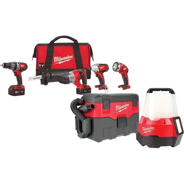 Milwaukee Tool - 18 Volt Cordless Tool Combination Kit - Includes 1/2" Hammer Drill, 1/4" Hex Impact Driver & Sawzall Reciprocating Saw, Lithium-Ion Battery Included - Exact Industrial Supply