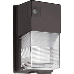 Lithonia Lighting - 18 Watt, Medium Lamp Base LED Wall Pack Light Fixture - 17" Diam Wide x 11" High x 5-1/4" Deep, Wall Mount, Aluminum Housing - Exact Industrial Supply