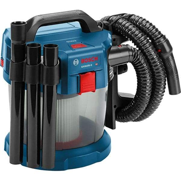 Bosch - 2.6 Gal Plastic Tank, Battery Powered Wet/Dry Vacuum - 18 Volt, 6.3 Amps, 5-1/4' Hose Fitting, Cordless - Exact Industrial Supply