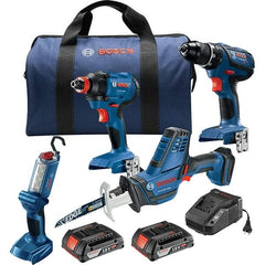 Bosch - 13 Piece 18 Volt Cordless Tool Combination Kit - Includes 1/2" Compact Drill/Driver, Impact Driver, Compact Reciprocating Saw & Work Light, Lithium-Ion Battery Included - Exact Industrial Supply