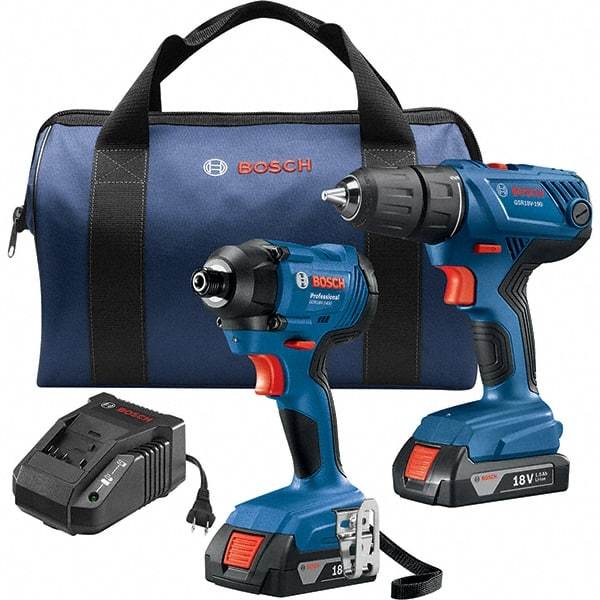 Bosch - 7 Piece 18 Volt Cordless Tool Combination Kit - Includes 1/2" Compact Drill/Driver & 1/4" Impact Driver, Lithium-Ion Battery Included - Exact Industrial Supply