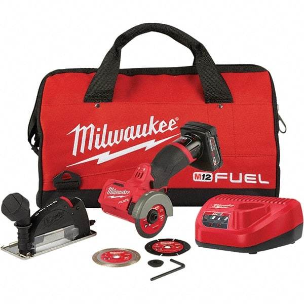 Milwaukee Tool - 3" Wheel Diam, 20,000 RPM, Cordless Cutoff & Cutoff-Grinder Tool - Trigger Handle, 12 Volt, Battery Included - Exact Industrial Supply