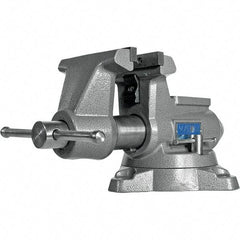 Wilton - 5-1/2" Jaw Width, 5" Opening Capacity, 3-5/8" Throat Depth, Iron Swivel Bench Vise - Double Lockdown Base Attachment, Anvil, 17-45/64" Long x 10-39/64" Wide x 8-13/32" High - Exact Industrial Supply