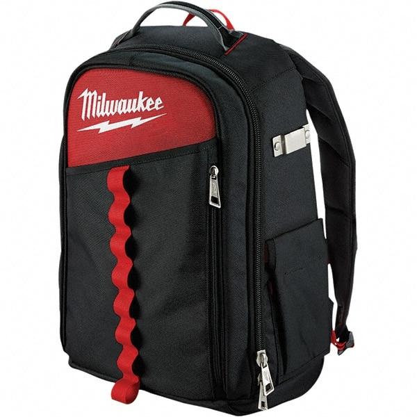 Milwaukee Tool - 22 Pocket Black & Red Ballistic Nylon Backpack Tool Bag - 11" Wide x 7-7/8" Deep x 19-5/8" High - Exact Industrial Supply