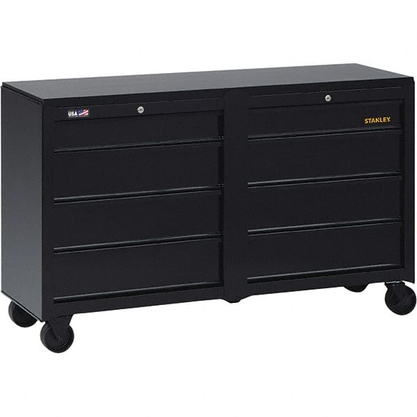 Mobile Service Workbench Mobile Work Center: 18″ OAD, 8 Drawer Steel Body, Wood Top, Black Gloss