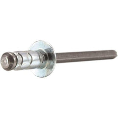 STANLEY Engineered Fastening - Size 4 Large Flange Head Aluminum Open End Blind Rivet - Steel Mandrel, 0.157" to 0.312" Grip, 1/8" Head Diam, 0.129" to 0.142" Hole Diam, 0.078" Body Diam - Exact Industrial Supply