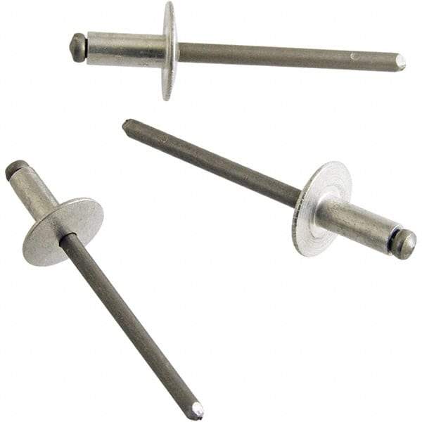 STANLEY Engineered Fastening - Size 6 Dome Head Aluminum Open End Blind Rivet - Steel Mandrel, 0.501" to 5/8" Grip, 3/16" Head Diam, 0.192" to 0.196" Hole Diam, 0.116" Body Diam - Exact Industrial Supply