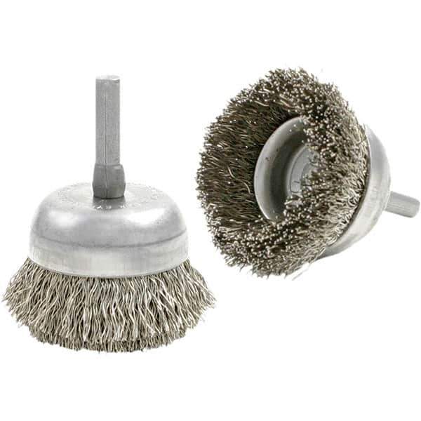 Brush Research Mfg. - 1-3/4" Diam, 1/4" Shank Diam, Carbon Steel Fill Cup Brush - 0.0118 Wire Diam, 1/2" Trim Length, 8,000 Max RPM - Exact Industrial Supply