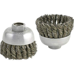 Brush Research Mfg. - 2-3/4" Diam, 5/8-11 Threaded Arbor, Carbon Steel Fill Cup Brush - 0.02 Wire Diam, 1" Trim Length, 6,600 Max RPM - Exact Industrial Supply