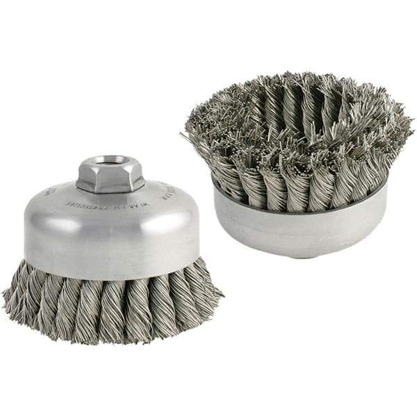 Brush Research Mfg. - 5" Diam, 5/8-11 Threaded Arbor, Carbon Steel Fill Cup Brush - 0.014 Wire Diam, 1-1/4" Trim Length, 9,000 Max RPM - Exact Industrial Supply