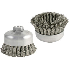 Brush Research Mfg. - 5" Diam, 5/8-11 Threaded Arbor, Carbon Steel Fill Cup Brush - 0.014 Wire Diam, 1-1/4" Trim Length, 9,000 Max RPM - Exact Industrial Supply