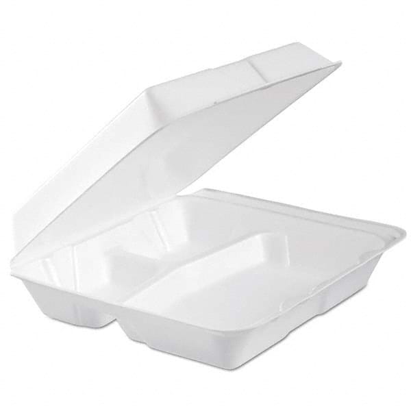 DART - Foam Hinged Lid Container, 3-Comp, 9.3 x 9 1/2 x 3, White, 100/Bag, 2 Bag/Carton - Exact Industrial Supply