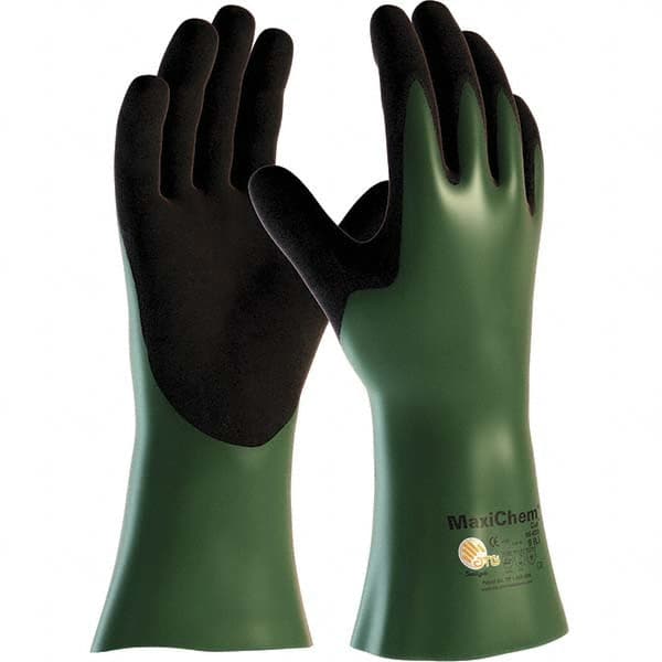 Chemical Resistant Gloves: Medium, Nitrile, Supported Green, 12'' OAL, Non-Slip, ANSI Cut 3, ANSI Abrasion 4, ANSI Puncture 2