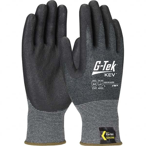 Cut, Puncture & Abrasive-Resistant Gloves: Size L, ANSI Cut A4, ANSI Puncture 2, Nitrile, Kevlar Black & Gray, 9.8″ OAL, Palm & Fingers Coated, Kevlar Lined, Foam Grip, ANSI Abrasion 4