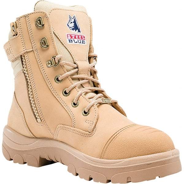 Steel Blue - Men's Size 8 Medium Width Steel Work Boot - Sand, Leather Upper, TPU Outsole, 6" High, Lace-Up, Side Zip - Exact Industrial Supply