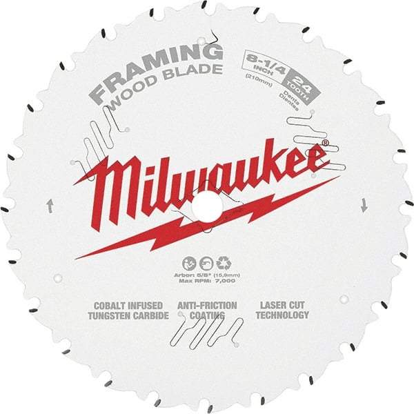 Milwaukee Tool - 8-1/4" Diam, 5/8" Arbor Hole Diam, 24 Tooth Wet & Dry Cut Saw Blade - Tungsten Carbide-Tipped, Framing Action, Standard Round Arbor - Exact Industrial Supply