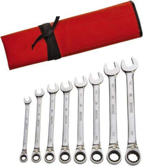Proto - 8 Piece, 8mm to 18mm, 12 Point Ratcheting Reversible Combination Wrench Set - Metric Measurement Standard, Full Polish Finish, Comes in Pouch - Exact Industrial Supply