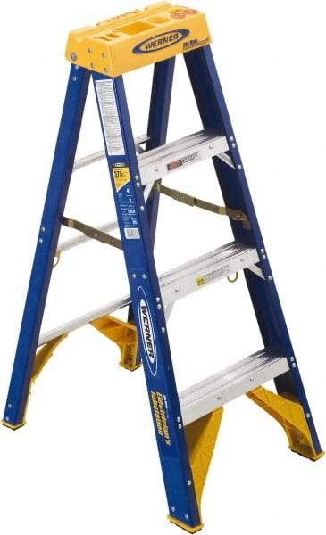 Werner - 4 Steps, 4' High, Type IAA Rating, Fiberglass Step Ladder - 375 Lb Load Capacity, 19-7/8" Base Width - Exact Industrial Supply