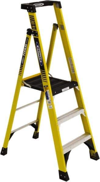 Werner - 3 Steps, 3' High, Type IAA Rating, Fiberglass Step Ladder - 375 Lb Load Capacity, 26-3/8" Base Width - Exact Industrial Supply