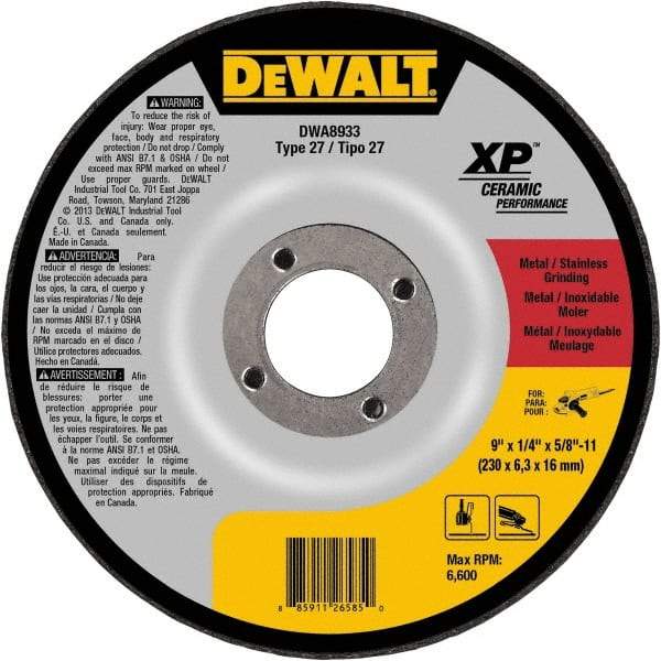 DeWALT - 24 Grit, 9" Wheel Diam, Type 27 Depressed Center Wheel - Coarse/Medium Grade, Ceramic, N Hardness, 6,600 Max RPM - Exact Industrial Supply