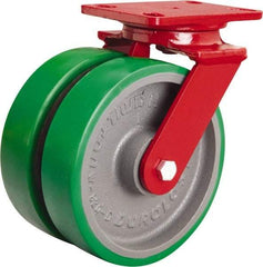Hamilton - 8" Diam x 2" Wide x 9-3/4" OAH Top Plate Mount Swivel Caster - Polyurethane Mold onto Cast Iron Center, 3,000 Lb Capacity, Tapered Roller Bearing, 4-1/2 x 6-1/2" Plate - Exact Industrial Supply