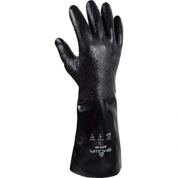 Chemical Resistant Gloves: Medium, 14 mil Thick, Neoprene-Coated, Neoprene, Supported Black, 14'' OAL, Rough, ANSI Cut 0, ANSI Abrasion 3, ANSI Puncture 1