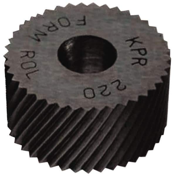 Made in USA - 5/16" Diam, 90° Tooth Angle, 25 TPI, Standard (Shape), Form Type High Speed Steel Right-Hand Diagonal Knurl Wheel - 5/32" Face Width, 1/8" Hole, Circular Pitch, 30° Helix, Bright Finish, Series BP - Exact Industrial Supply