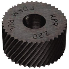 Made in USA - 5/16" Diam, 90° Tooth Angle, 25 TPI, Standard (Shape), Form Type High Speed Steel Right-Hand Diagonal Knurl Wheel - 5/32" Face Width, 1/8" Hole, Circular Pitch, 30° Helix, Bright Finish, Series BP - Exact Industrial Supply