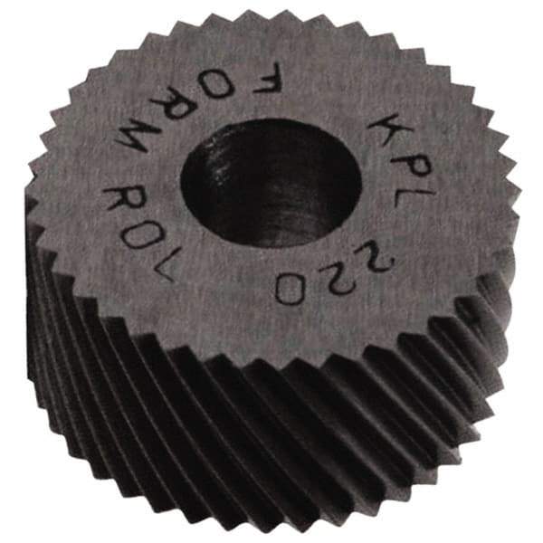 Made in USA - 5/16" Diam, 80° Tooth Angle, Standard (Shape), Form Type High Speed Steel Left-Hand Diagonal Knurl Wheel - 5/32" Face Width, 1/8" Hole, 160 Diametral Pitch, 30° Helix, Bright Finish, Series BP - Exact Industrial Supply
