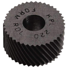 Made in USA - 3/4" Diam, 80° Tooth Angle, Standard (Shape), Form Type High Speed Steel Left-Hand Diagonal Knurl Wheel - 1/4" Face Width, 1/4" Hole, 128 Diametral Pitch, 30° Helix, Bright Finish, Series KN - Exact Industrial Supply