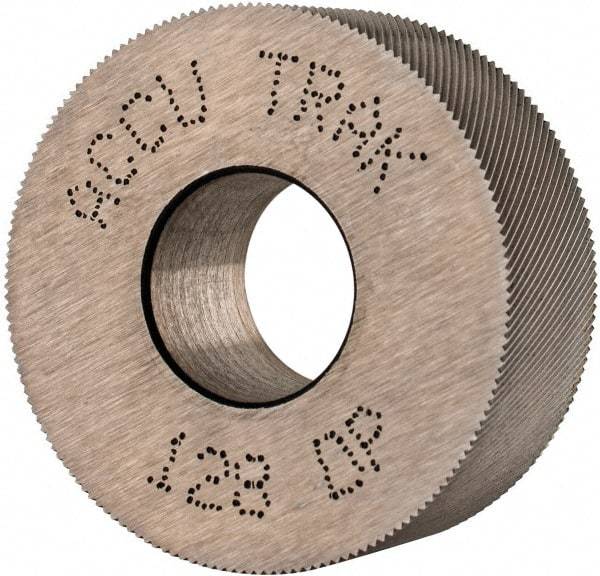 Made in USA - 1-1/4" Diam, 80° Tooth Angle, Standard (Shape), Form Type High Speed Steel Left-Hand Diagonal Knurl Wheel - 1/2" Face Width, 1/2" Hole, 128 Diametral Pitch, 30° Helix, Bright Finish, Series PH - Exact Industrial Supply
