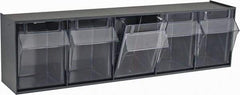 Quantum Storage - 23-5/8" Wide x 6-1/2" High x 5-1/4" Deep, Small Parts Tip Out Stacking Bin Organizer - Polystyrene Frame, 5 Compartments, 4-1/4" Wide x 5-3/4" High x 3-3/4" Deep Bin - Exact Industrial Supply