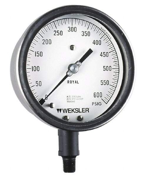 Weksler Instruments - 2-1/2" Dial, 1/4 Thread, 0-1,000 Scale Range, Pressure Gauge - Lower Connection Mount, Accurate to 5% of Scale - Exact Industrial Supply