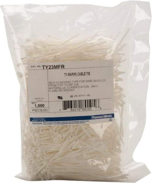Thomas & Betts - 3.62" Long White Nylon Standard Cable Tie - 18 Lb Tensile Strength, 0.77mm Thick, 6" Max Bundle Diam - Exact Industrial Supply