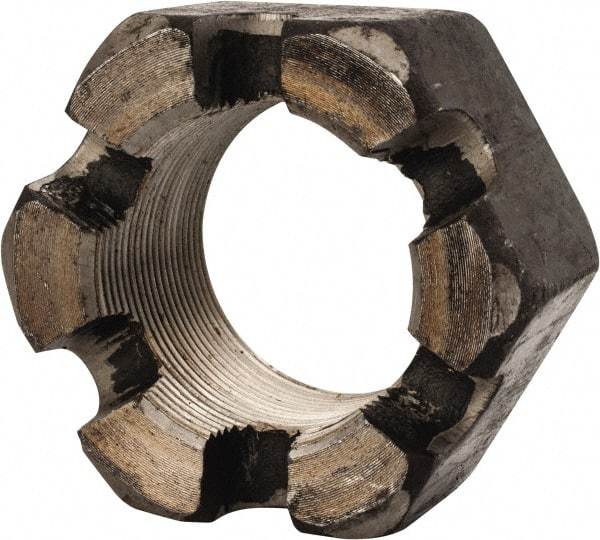 Value Collection - 2-12 UNF Grade 2 Steel Slotted Locknut - 3" Width Across Flats, 1-23/32" High, Uncoated - Exact Industrial Supply