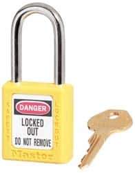 Master Lock - Keyed Alike Conductive Lockout Padlock - 1-1/2" Shackle Clearance, 1/4" Shackle Diam, 1-3/4" Body Height x 1-1/2" Body Width, Yellow, 6 Pins - Exact Industrial Supply