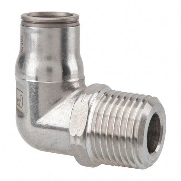 Legris - 1/2" Outside Diam, 1/2 NPT, Stainless Steel Push-to-Connect Male Elbow - 435 Max psi, Tube to Male NPT Connection, FKM O-Ring - Exact Industrial Supply
