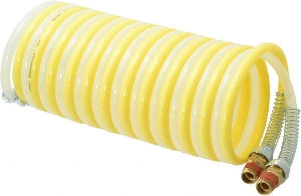 Coilhose Pneumatics - 1/4" ID, 1/4 Thread, 12' Long, Yellow & Natural Nylon Coiled & Self Storing Hose - 185 Max psi, Male Swivel x Male Swivel - Exact Industrial Supply