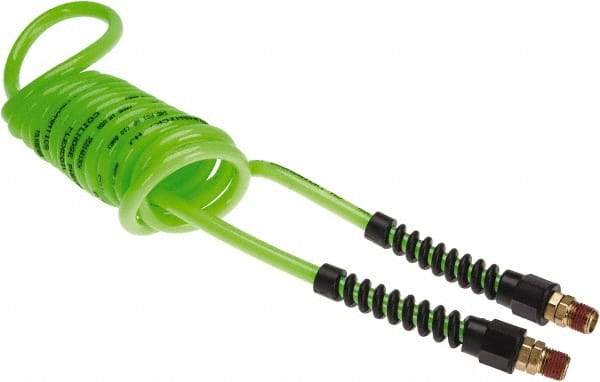 Coilhose Pneumatics - 1/4" ID, 1/4 Thread, 10' Long, Neon Green Polyurethane Coiled & Self Storing Hose - 125 Max psi, Male Swivel x Male Swivel with Strain Relief - Exact Industrial Supply