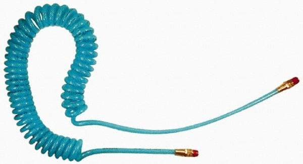 Coilhose Pneumatics - 1/4" ID, 1/4 Thread, 10' Long, Transparent Blue Polyurethane Coiled & Self Storing Hose - 200 Max psi, Male Swivel x Male Swivel - Exact Industrial Supply
