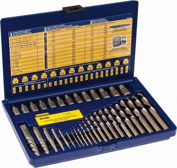 Irwin Hanson - 35 Piece Spiral Flute Screw Extractor & Drill Set - Screw Range 1/8 to 1/2" - Exact Industrial Supply