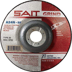 Sait - 24 Grit, 4-1/2" Wheel Diam, 1/4" Wheel Thickness, 7/8" Arbor Hole, Type 28 Depressed Center Wheel - Aluminum Oxide, Resinoid Bond, N Hardness, 13,300 Max RPM, Compatible with Angle Grinder - Exact Industrial Supply
