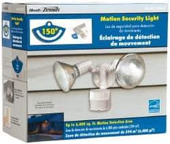 Heath/Zenith - 2 Head, 70 Ft. Detection, 150° Angle, Halogen Lamp Motion Sensing Light Fixture - 300 Watt, Metal, Plastic White Housing, Wall, Eave Mounted, 6.9 Inch Long x 3-1/4 Inch Wide x 6.1 Inch High - Exact Industrial Supply