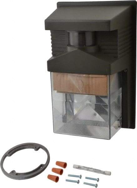 Heath/Zenith - 1 Head, 30 Ft. Detection, 180° Angle, Halogen Lamp Motion Sensing Light Fixture - 100 Watt, Plastic Bronze Housing, Wall, Eave Mounted, 5-1/2 Inch Long x 7.6 Inch Wide x 11 Inch High - Exact Industrial Supply