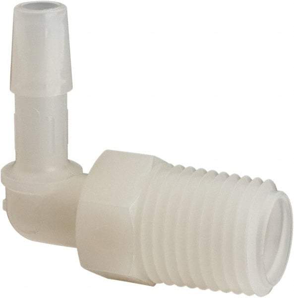 Made in USA - 1/4" Barb, 1/4, Nylon Single Barbed Tube Elbow - Natural, Male - Exact Industrial Supply